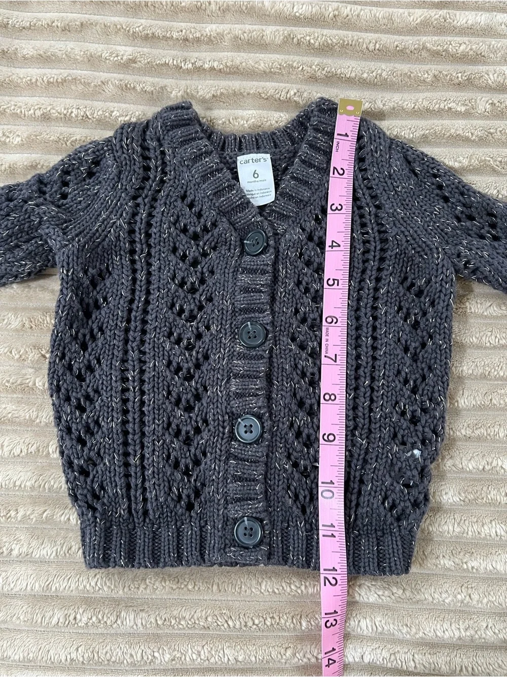 Carter’s Baby Girl Metallic Cable Knit Cardigan Sweater - Charcoal Gray - 6M